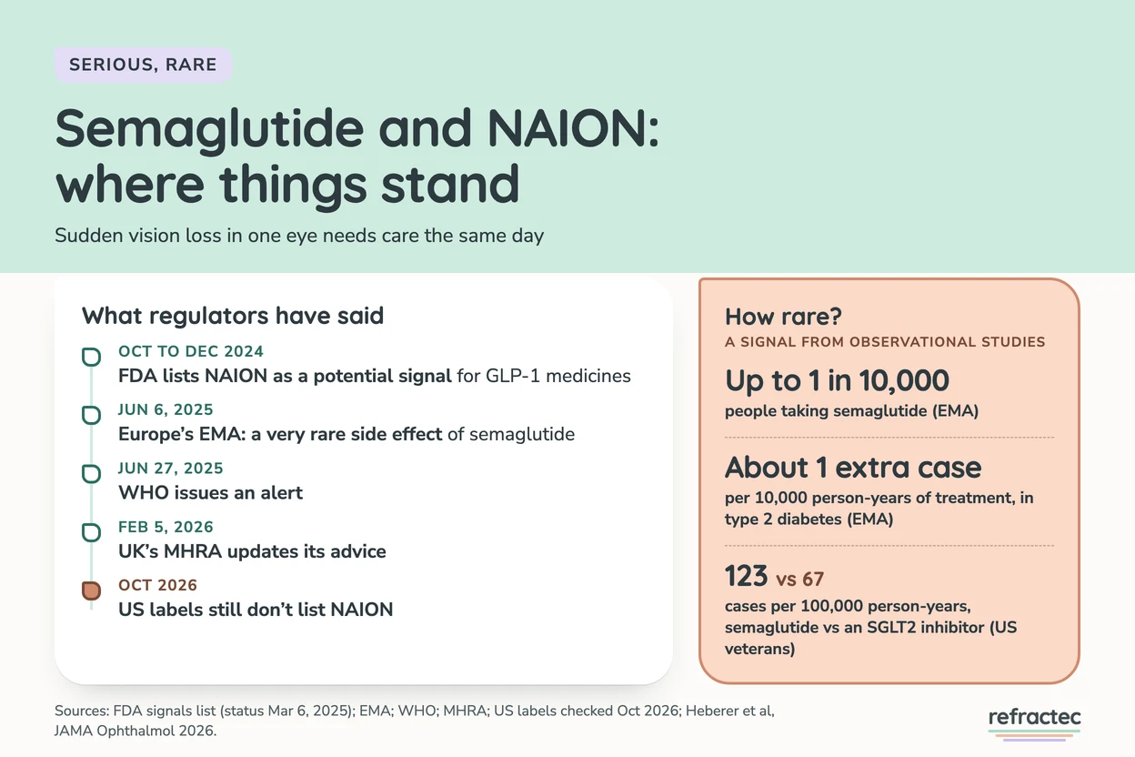 Infographic titled Semaglutide and NAION: where things stand. A timeline: Oct to Dec 2024, the FDA lists NAION as a potential safety signal for GLP-1 medicines. Jun 6, 2025, Europe's EMA calls NAION a very rare side effect of semaglutide. Jun 27, 2025, WHO issues an alert. Feb 5, 2026, the UK MHRA updates its advice. Oct 2026, the US labels still do not list NAION. A side panel, labeled a signal from observational studies, reads: up to 1 in 10,000 people taking semaglutide (EMA), about 1 extra case per 10,000 person-years of treatment in type 2 diabetes (EMA), and 123 vs 67 cases per 100,000 person-years on semaglutide vs an SGLT2 inhibitor in US veterans.